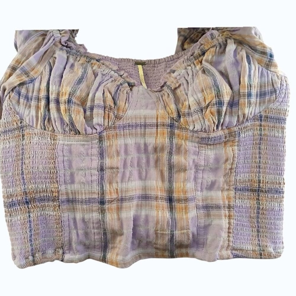 FREE PEOPLE Lavender Plaid Puff Sleeve Crop Midriff Blouse - Picture 7 of 12